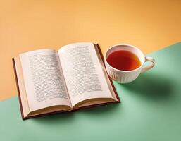An open book with a cup of tea beside it isolated on minimalist background photo