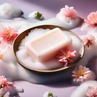 Bar soap is kept on a minimalist background with flowers surrounding it and foam photo