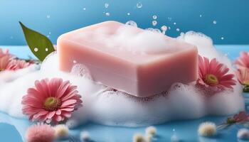 Bar soap is kept on a minimalist background with flowers surrounding it and foam photo
