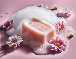 Bar soap is kept on a minimalist background with flowers surrounding it and foam photo