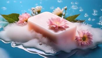 Bar soap is kept on a minimalist background with flowers surrounding it and foam photo