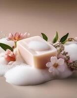 Bar soap is kept on a minimalist background with flowers surrounding it and foam photo