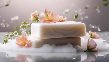 Bar soap is kept on a minimalist background with flowers surrounding it and foam photo