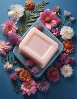 Bar soap is kept on a minimalist background with flowers surrounding it photo