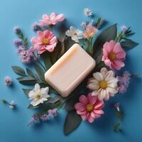 Bar soap is kept on a minimalist background with flowers surrounding it photo