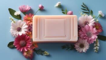 Bar soap is kept on a minimalist background with flowers surrounding it photo