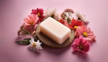 Bar soap is kept on a minimalist background with flowers surrounding it photo