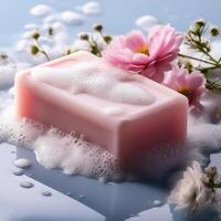 Bar soap is kept on a minimalist background with flowers surrounding it and foam photo