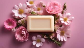 Bar soap is kept on a minimalist background with flowers surrounding it photo