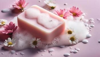 Bar soap is kept on a minimalist background with flowers surrounding it and foam photo