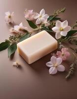 Bar soap is kept on a minimalist background with flowers surrounding it photo