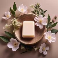Bar soap is kept on a minimalist background with flowers surrounding it photo