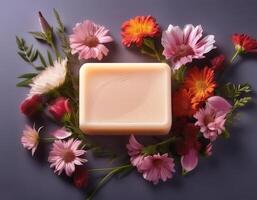 Bar soap is kept on a minimalist background with flowers surrounding it photo