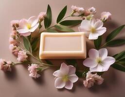 Bar soap is kept on a minimalist background with flowers surrounding it photo