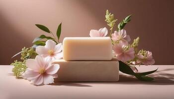 Bar soap is kept on a minimalist background with flowers surrounding it photo