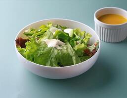 Fresh salad in a white bowl with dressing on the side isolated on a minimalist background photo