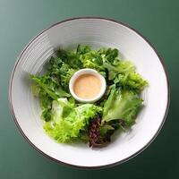 Fresh salad in a white bowl with dressing on the side isolated on a minimalist background photo