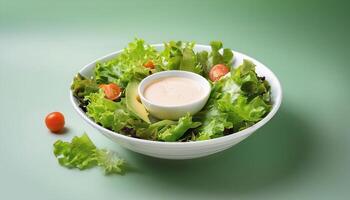 Fresh salad in a white bowl with dressing on the side isolated on a minimalist background photo