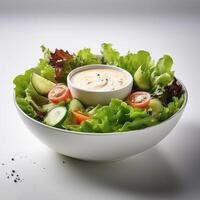 Fresh salad in a white bowl with dressing on the side isolated on a minimalist background photo