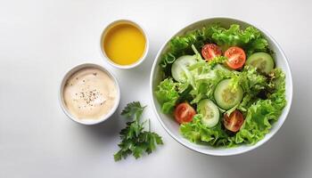 Fresh salad in a white bowl with dressing on the side isolated on a minimalist background photo