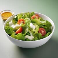 Fresh salad in a white bowl with dressing on the side isolated on a minimalist background photo