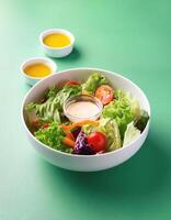 Fresh salad in a white bowl with dressing on the side isolated on a minimalist background photo