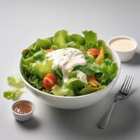 Fresh salad in a white bowl with dressing on the side isolated on a minimalist background photo