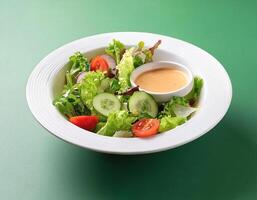 Fresh salad in a white bowl with dressing on the side isolated on a minimalist background photo