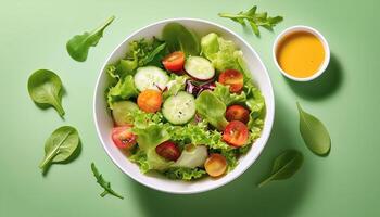 Fresh salad in a white bowl with dressing on the side isolated on a minimalist background photo