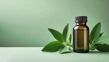 Herbal medicine bottle with some fresh leaves beside it isolated on minimalist background photo