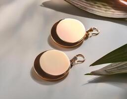 Minimalist Jewelry. Simple earrings placed on a clean table photo