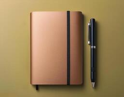 Pen and notebook isolated on minimalist background photo