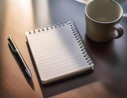 Pen and notebook placed on a clean table photo