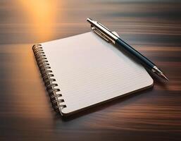 Pen and notebook placed on a clean table photo