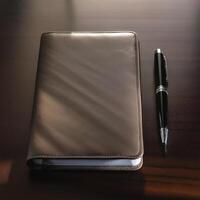 Pen and notebook placed on a clean table photo