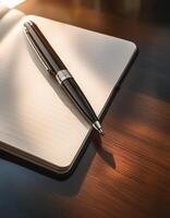 Pen and notebook placed on a clean table photo