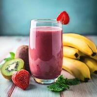 Smoothie Glass. A glass filled with fresh smoothie with fruits on the side photo