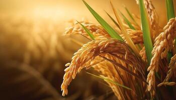 Rice in the field on an earthy brown background, emphasizing the natural and organic elements photo