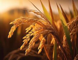 Rice in the field on an earthy brown background, emphasizing the natural and organic elements photo