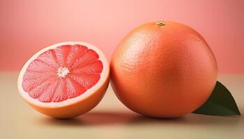 A whole grapefruit with a half cut beside it, on a pastel background photo