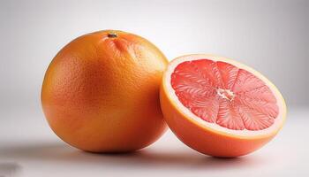 Grapefruit is cut in half and is on a white surface photo