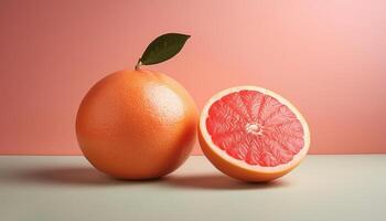 A whole grapefruit with a half cut beside it, on a pastel background photo