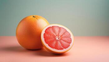 A whole grapefruit with a half cut beside it, on a pastel background photo