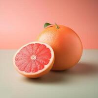 A whole grapefruit with a half cut beside it, on a pastel background photo