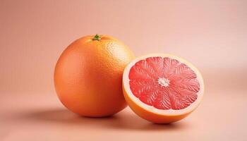 A whole grapefruit with a half cut beside it, on a pastel background photo