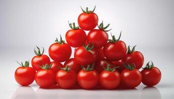 Bright red cherry tomatoes, neatly arranged in a pyramid shape on a white background photo