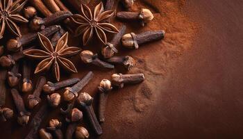 Cloves and cinnamon are spread on a brown background photo