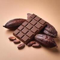 Dark chocolate bar with cocoa beans on light brown background photo