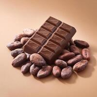 Dark chocolate bar with cocoa beans on light brown background photo