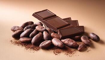 Dark chocolate bar with cocoa beans on light brown background photo